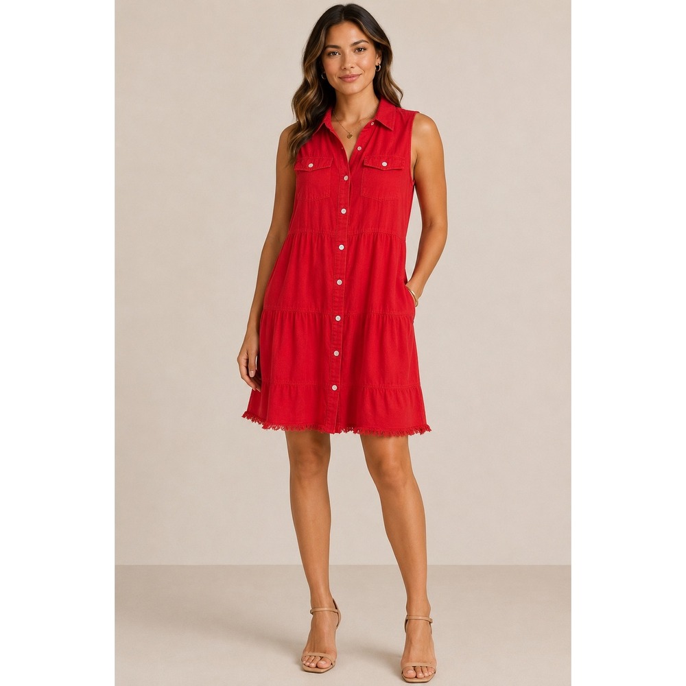 Luvamia Red Denim  Dress Sleeveless Tiered Frayed Hem Boho Western Small NEW